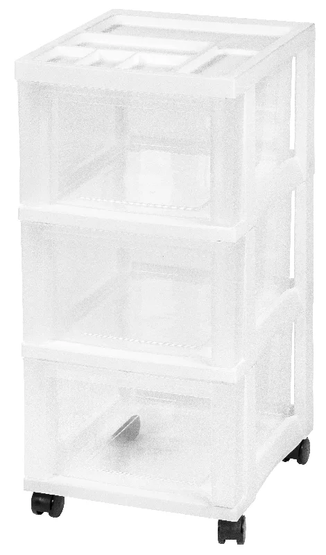 3 Drawer Plastic Storage Drawer Cart, White/Natural Clear