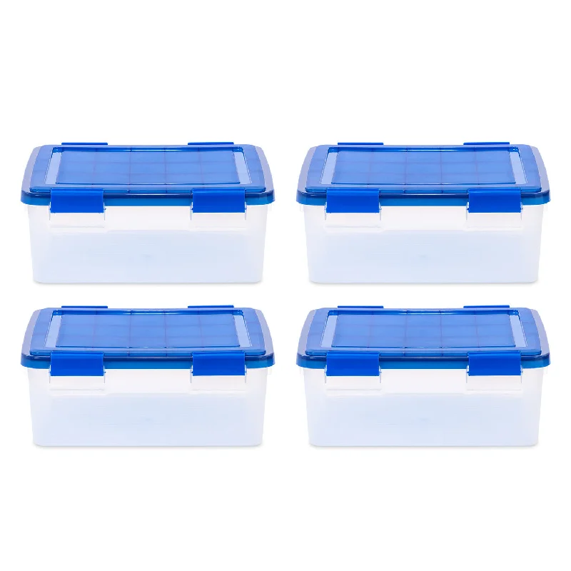 7.6 Gallon Element Resistant Clear Plastic storage Box, Lid Blue, Pack of 4