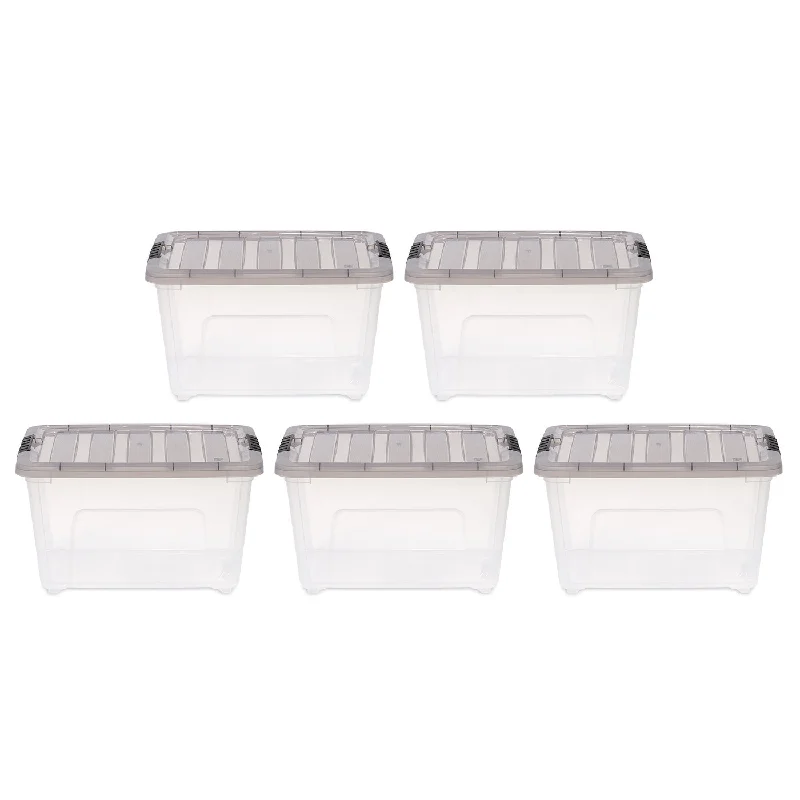 8 Gallon Stack & Pull Clear Plastic storage Box, Lid Gray, pack of 5