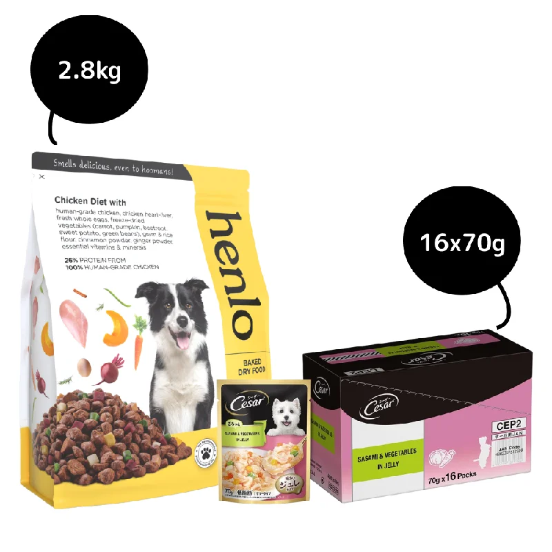 Henlo Chicken & Vegetable Baked Dry Food for Adult Dogs and Cesar Sasami & Vegetables in Jelly Adult Dog Wet Food Combo