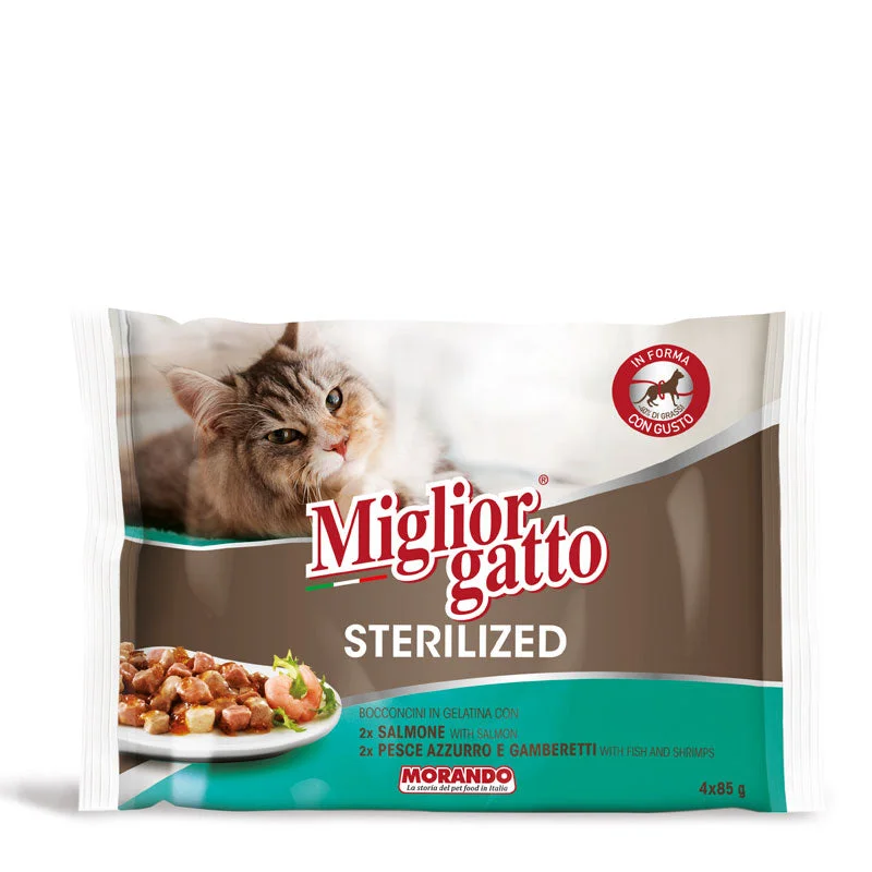 Migliorgatto Sterilized FLOWPACK JELLY MOUTHPIECES 4X85GR(TASTE: SHRIMP FISH BLUE SALMON)