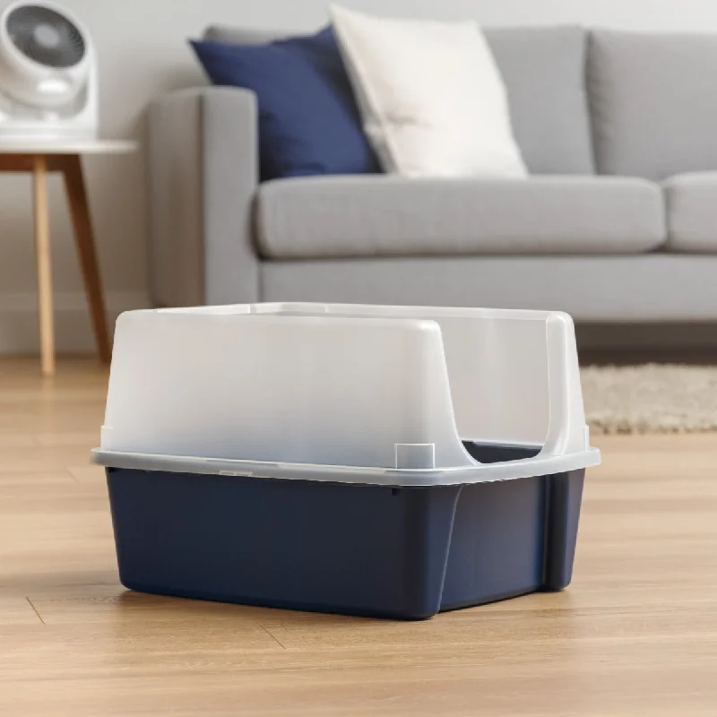 Open-Top Cat Litter Box with Shield, without scoop, Navy