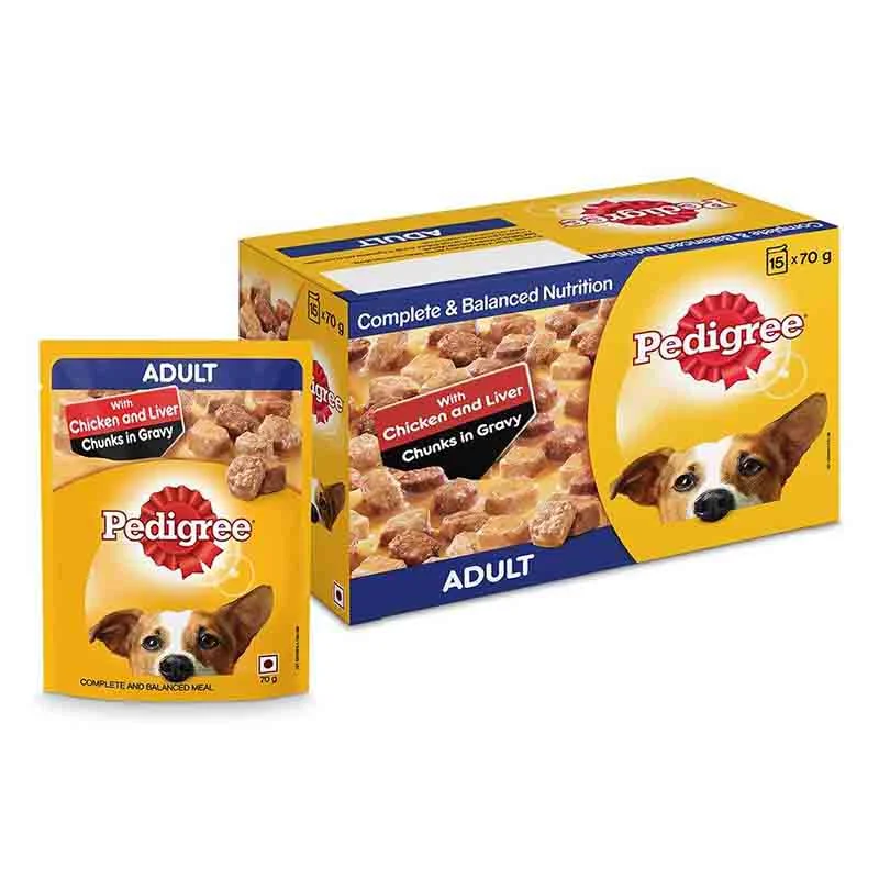 Pedigree Adult, Chicken and Liver Chunks in Gravy, Wet Dog Food 70 g