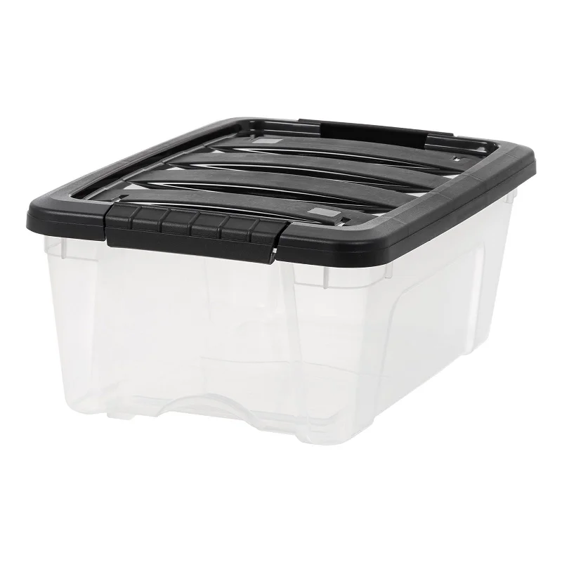 Plastic Storage Bins, Stackable Storage Container with Secure Latching Buckles and Black Lid, 12 Qt.