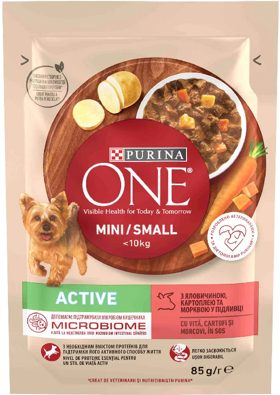 PURINA ONE Mini Active Hrană umedă pentru câini, Vita si Cartofi, 85 g