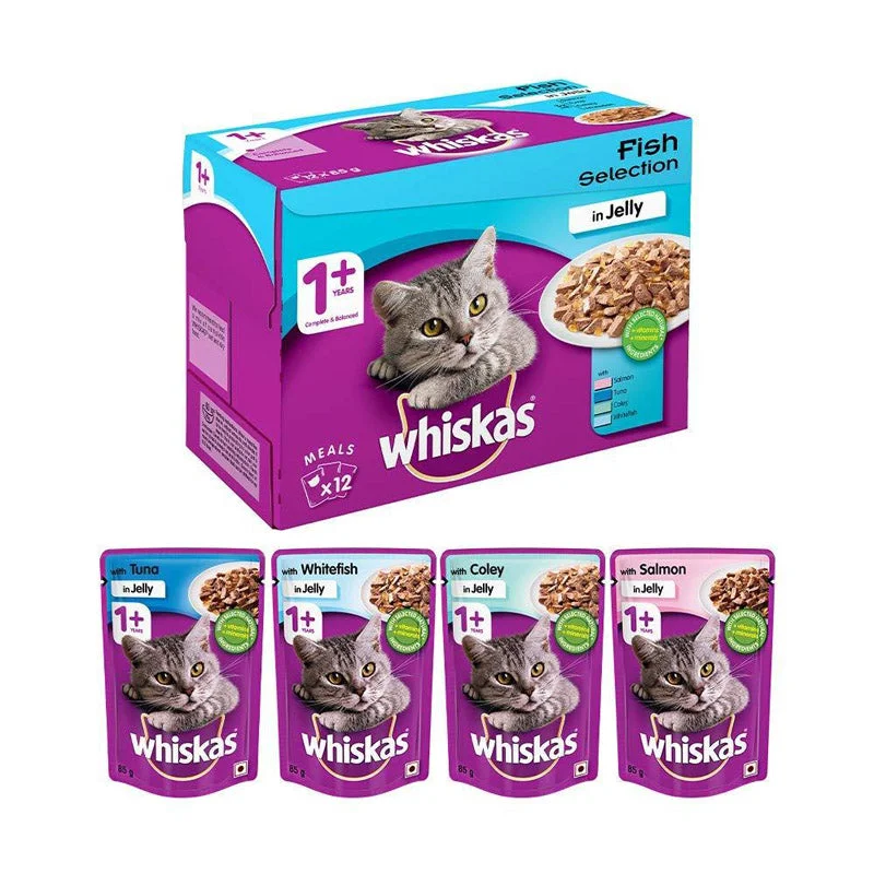 Whiskas Adult (1+Yrs) Fish Selection - Tuna, Coley, Whitefish and Salmon in Jelly, Wet Cat Food 85 g (Pack of 48 pouches)